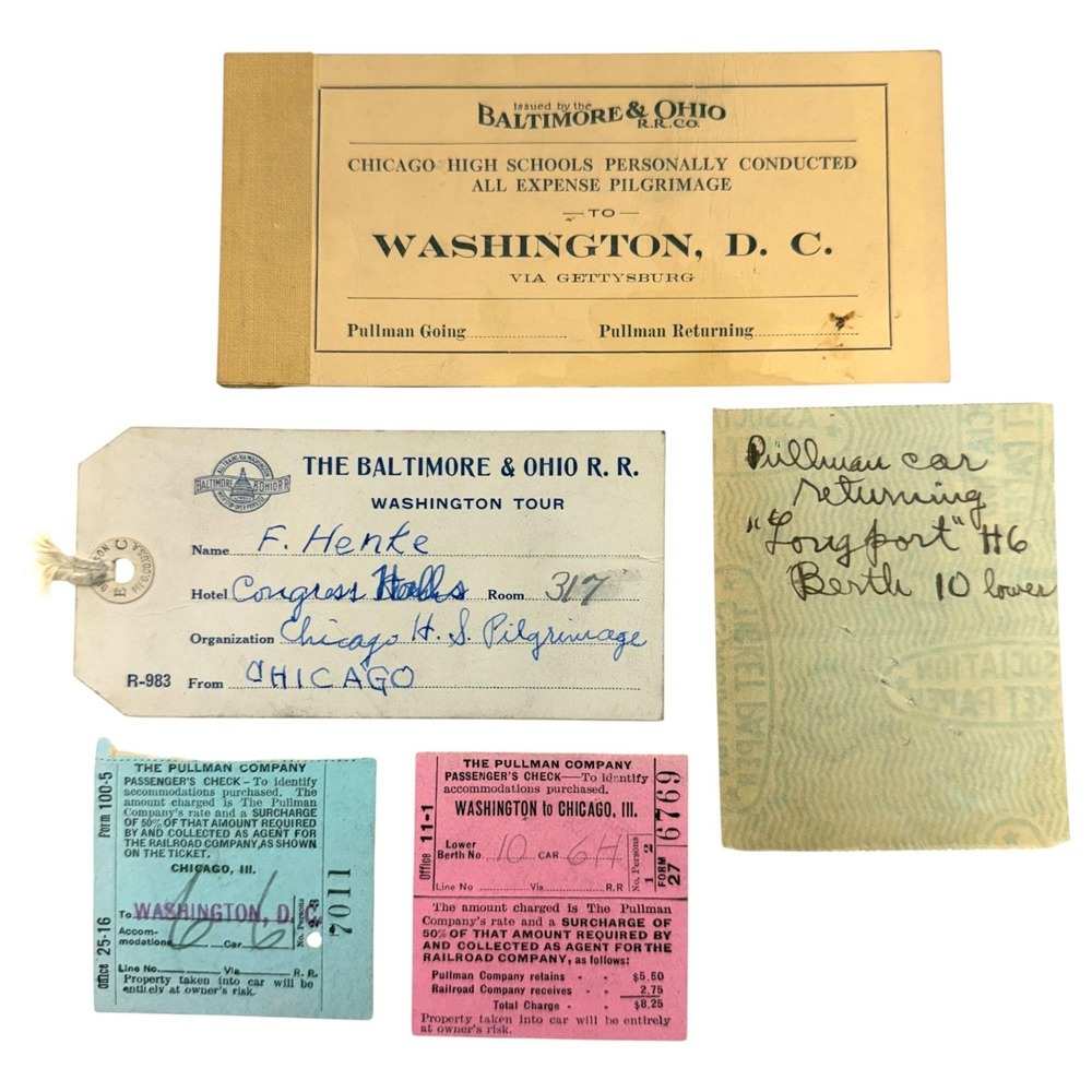 B and O Railroad Ephemera 1925 Chicago High School Trip to Washington DC Pullman